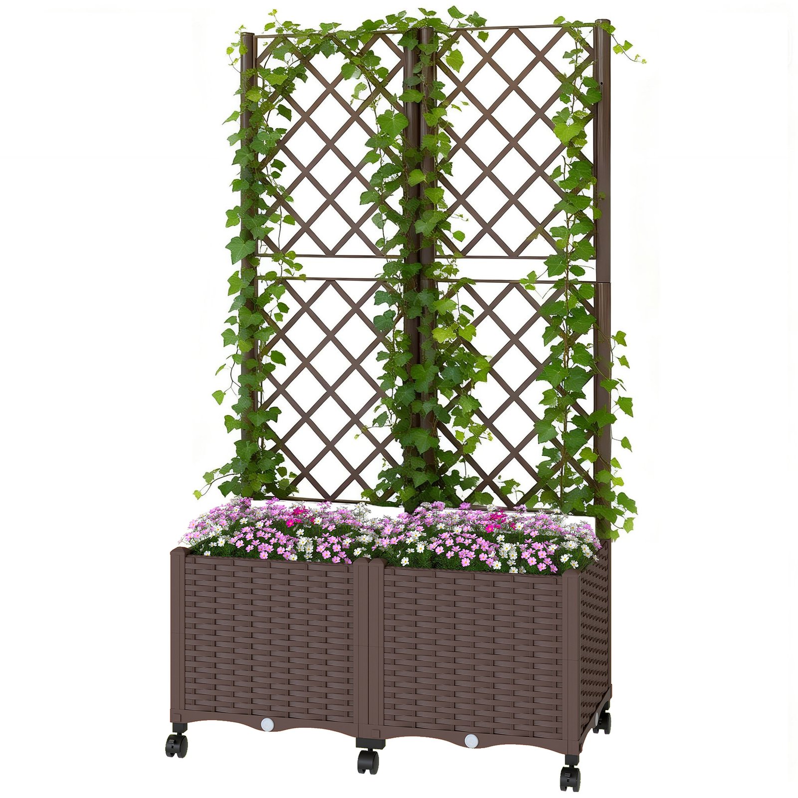 Sa81b519cf93aebbf.jpg Planter Box with Trellis, Self Watering Raised Garden Bed with Lockable Wheels and Drainage Holes, Brown - Image 1