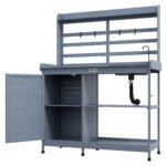 Wooden Potting Bench with Storage, Sink, Water Tap for Backyard, Patio, Balcony, Gray