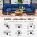 7 Piece Wicker Patio Furniture Set, Modular Outdoor Sectional with Thickened Cushions, Acacia Wood Table, Brown/Blue - Image 4