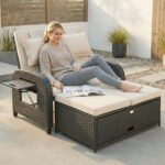 Patio Rattan Daybed, Wicker Outdoor Daybed with Storage Ottoman, Loveseat w/ Adjustable Backrest, Beige - Image 2