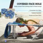 Tanning Chair Set of 2 with Face Hole and Side Table, 5-Position Folding Outdoor Chaise Lounge Chair, Blue Stripe - Image 5