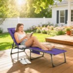 Folding Outdoor Chaise Lounge Chair Tanning Chair with 5-Level Adjustable Back, Side Table, Pillow, Pocket, Purple - Image 2