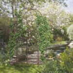 7' Metal Garden Arbor, Garden Arch with Gate, Fleur De Lis Motif, Latching Doors, Planter Shelves for Climbing Vines, Ceremony, Weddings, Party, Garden, Backyard, Lawn, Brown - Image 2