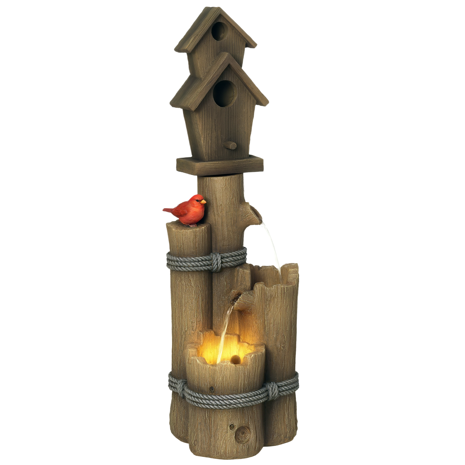 T9a2b319781bf4213.png Outdoor Fountain with Birdhouse, Cascading Garden Waterfall Bird Bath with 3-Tier Rustic Tree Trunk / Log Design, LED Lights for Porch, Deck, Yard Decor, Brown - Image 1