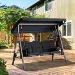 3-Seat Patio Swing Chair, Outdoor Porch Swing Glider with Adjustable Canopy, Removable Cushion, Pillows and Side Trays, for Garden, Poolside, Backyard, Black - Image 2