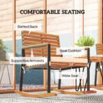 Acacia Wood Outdoor Lawn Rocking Chair Set of 2, Outdoor Patio Rocking Chairs with Armrests, Cushion, Cream White - Image 5