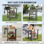Three-Shelf Outdoor Grill Cart Table with Foldable Side Table, Stainless Steel Top Pizza Oven Stand with Hooks, Silver - Image 8