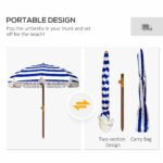 6.2' Beach Umbrella for Travel, Vent, Ruffles, Carry Bag, Portable Outdoor Umbrella for Garden, Blue Stripe - Image 7