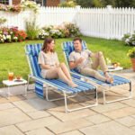 Tanning Chair Set of 2 with Face Hole and Side Table, 5-Position Folding Outdoor Chaise Lounge Chair, Blue Stripe - Image 2