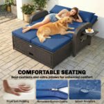 Patio Rattan Daybed, Wicker Outdoor Daybed with Storage Ottoman, Loveseat w/ Adjustable Backrest, Navy Blue - Image 6