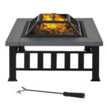34" Outdoor Fire Pit Square Steel Wood Burning Firepit Bowl with Spark Screen, Waterproof Cover, Log Grate, Poker for Backyard, Camping, BBQ, Bonfire