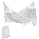 Extra Large Boho Hammock with Macrame Tassel Fringe, Includes Carrying Bag, Indoor Outdoor Tree Hammock, White