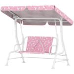 Kids Porch Swing, 2-Seater Patio Swing Bench with Safety Belts, Adjustable Canopy for Backyard, Garden, Pink