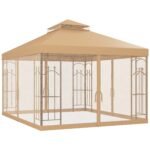 10' x 12' Patio Gazebo with Corner Frame Shelves, Double Roof Outdoor Gazebo Canopy Shelter with Netting, Brown
