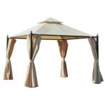 10' x 10' Steel Outdoor Patio Gazebo with Polyester Privacy Curtains, Two-Tier Roof for Air, Large Design
