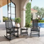 2 Pieces Outdoor Rocking Chairs, HDPE Patio Rockers with 28" High Back, Wide Armrests for Porch Backyard, Black - Image 2