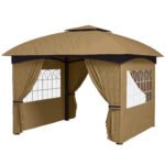 11' x 11' Outdoor Gazebo, Double Roof Patio Gazebo with Curtains, Church Windows, Galvanized Steel Frame