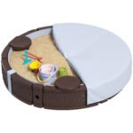 47" Round Kids Sandbox with Cover, 3 Seats, Waterproof Bottom Liner, for Backyard, Lawn, Garden, Beach, Patio, Brown