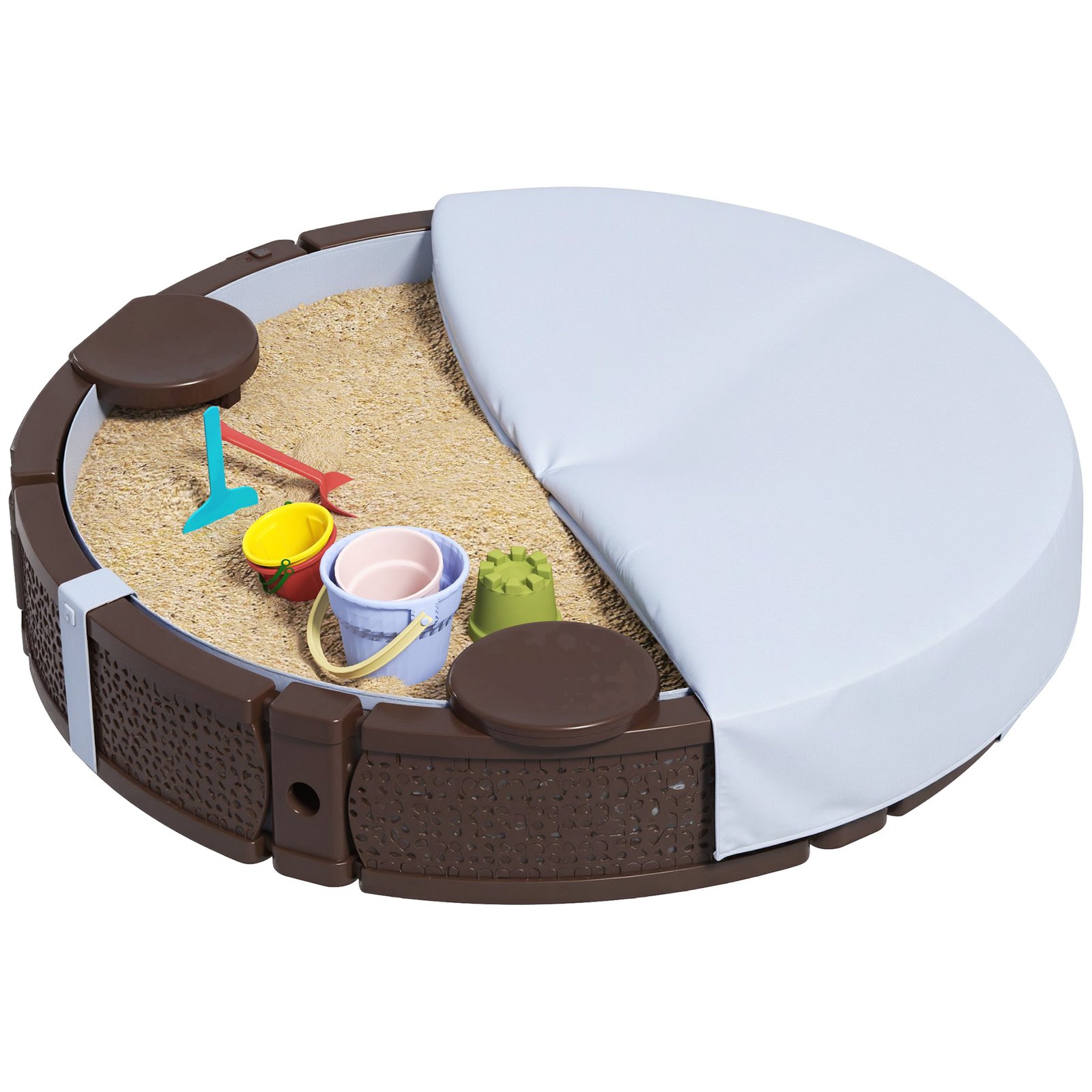 U7L42b194874e9991.jpg 47" Round Kids Sandbox with Cover, 3 Seats, Waterproof Bottom Liner, for Backyard, Lawn, Garden, Beach, Patio, Brown - Image 1