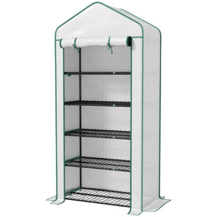 Portable Mini Greenhouse with Zippered Door & PE Cover, White, Green