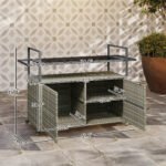 2-Tier Shelf PE Rattan Outdoor Bar Table, Glass Top Outdoor Serving Cart with Cabinet, Mixed Gray - Image 3