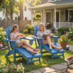 Folding Adirondack Chair Set of 2, HDPE Fire Pit Chair with Retractable Ottoman and Cup Holder, Blue - Image 8