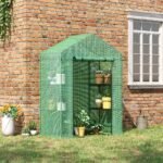 56" x 29" x 77" Walk-in Greenhouse, Garden Hot House with 3 Tier Shleves, Roll-Up Door and PE Cover, Green - Image 2