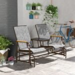 Outdoor 2-Person Glider Bench, Outside Glider Swing Chair Loveseat with Table, Steel Frame, Gray - Image 2