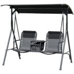 2-Seat Outdoor Porch Swing, with Pivot Storage Table, Cup Holder, & Adjustable Overhead Canopy, Stand's Skid-Resistant Feet Pad, Breathable Mesh Seat, Steel Frame, for Patio, Black