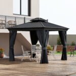 10' x 12' Hardtop Gazebo Permanent Pavilion w/ Double Roof Aluminum Frame Sidewalls for Patio Garden Deck, Dark Gray - Image 2