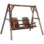 Wooden Porch Swing with Stand, 2-Seat Patio Swing Chair with Center Table, for Garden, Poolside, Backyard