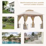 10' x 10' Patio Gazebo Canopy Outdoor Pavilion with Mesh Netting SideWalls, 2-Tier Polyester Roof, & Steel Frame, Beige - Image 7