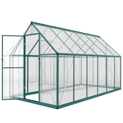 Polycarbonate Walk-In Greenhouse with Roof Vent & Aluminum Frame, Dark Green, Clear