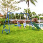 Metal Swing Set for Kids, 5 in 1 Outdoor Playset with Heavy Duty A-Frame Stand, 29.5" Saucer Swing, Slide, Teeter-Totter, Glider, for Backyard, Blue - Image 2