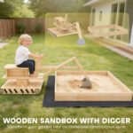 Wooden Sandbox with Digger, Kids Sandbox with 360° Rotating Seat & Bottom Liner, 72" x 35" x 22" - Image 4