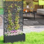 Metal Planter Box with Trellis, 71" Tall Raised Garden Bed with Privacy Screen and Drainage Holes, Banana-Leaf Cut-Outs - Image 8