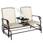 Outdoor Glider Bench with Center Table, Metal Frame Patio Loveseat with Breathable Mesh Fabric and Armrests for Backyard Garden Porch, Beige