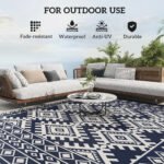 Reversible Outdoor Rug, Waterproof Plastic Straw with Carry Bag, 8' x 10', Blue & White Rhombus Border - Image 6