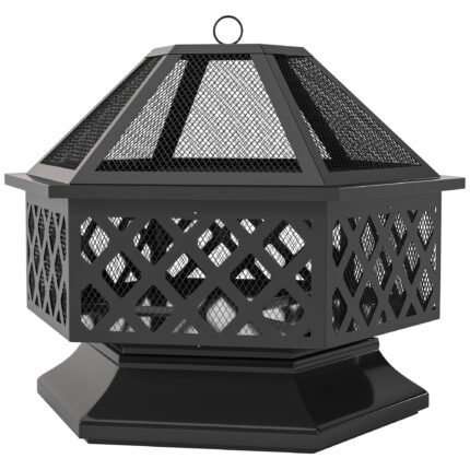 28" Outdoor Fire Pit with Grill Hexagon Fireplace Wood Burning Firepit