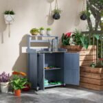 Outdoor Wooden Potting Bench with Storage Cabinet, Shelves, Galvanized Plated Tabletop for Backyard, Balcony, Gray - Image 2