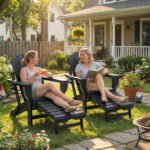 Folding Adirondack Chair Set of 2, HDPE Fire Pit Chair with Retractable Ottoman and Cup Holder, Black - Image 8