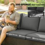 3 Seater Outdoor Couch Sofa, PE Wicker Patio Sofa, Wide Deep Seat, 4" Cushions, Wood-Effect Armrests Legs, Gray - Image 5