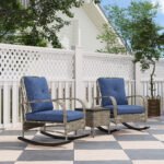 3 Piece Wicker Patio Furniture Set, Outdoor PE Rattan Rocking Chairs with Coffee Table, Cushions for Porch, Gray - Image 2
