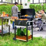 Charcoal BBQ Grill, Outdoor Portable Cooker for Camping or Backyard Picnic, Barbecue Grill with Side Table, Bottom Storage Shelf, Wheels and Handle, Black - Image 2