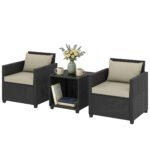 3 Piece Patio Bistro Set, Wicker Furniture Set with Thick Cushions, Glass Coffee Table and Chairs for Garden, Beige