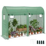 10' x 3' x 7' Walk-in Lean-to Greenhouse, Steel, 4 Zipper Roll-up Windows & 2 Doors, UV Protecting PE Cover for Growing Flowers, Vegetables, Tropical Plants, Saplings, Succulents, Green