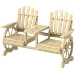 2-Seat Wooden Garden Bench with Table, Umbrella Hole, High Backrest, Armrests for Backyard, Patio, Garden, Natural Wood