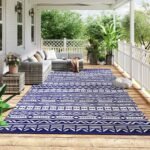Reversible Outdoor Rug, Waterproof Plastic Straw with Carry Bag, 9' x 18', Blue & White Geometric Wall - Image 2