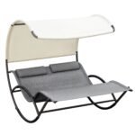 Outdoor Double Chaise Rocking Chair, Day Bed Sun Lounger with Canopy Shade, Headrest Pillow, Armrests for Garden, Poolside, Light Gray
