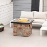 32 Inch Outdoor Propane Gas Fire Pit Table, 50,000 BTU Auto-Ignition Square Faux Ledge Stone Gas Firepit with Lava Rocks and Rain Cover, CSA Certification, Brown - Image 2